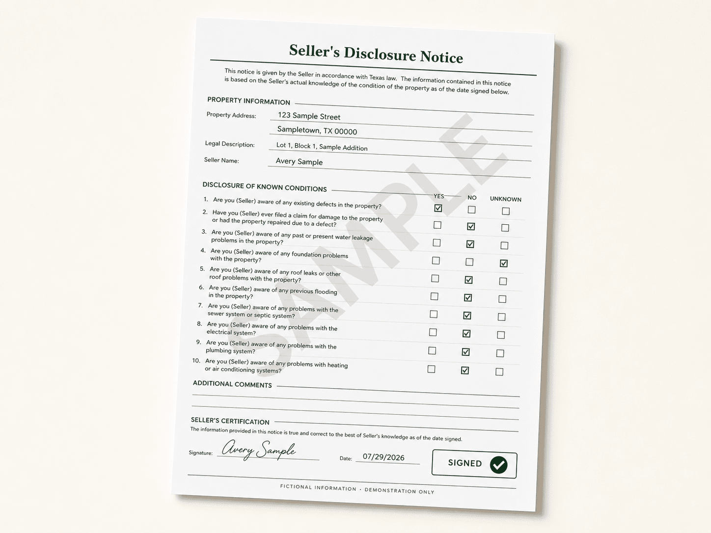 Sample completed and signed Seller's Disclosure Notice using fictional information
